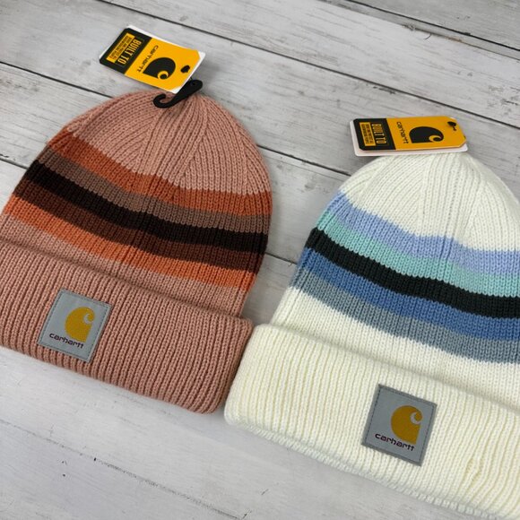 Lot of 2 Carhartt Rib Knit Beanie Pink /white Stripe Women's NEW Hat OS - Picture 2 of 7